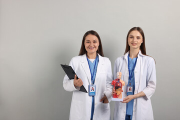 Medical students with human body model and clipboard on light grey background. Space for text