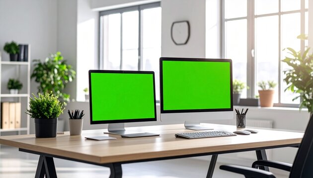 Modern Office Workspace with Two Green Screen Computers