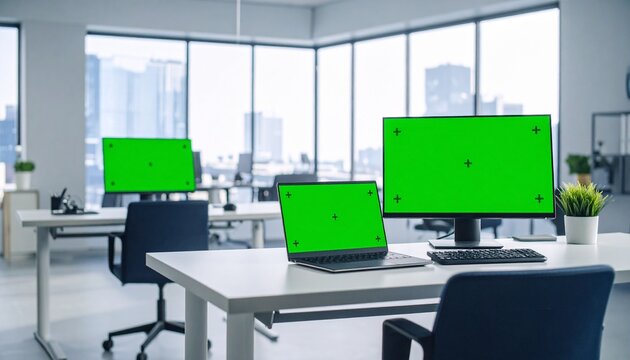 Modern Office Workspace with Green Screen Monitors and Laptops for Video Conferencing and Virtual Backgrounds