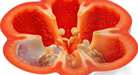 Poster - Vivid cross section of a ripe red bell pepper displaying seeds and texture