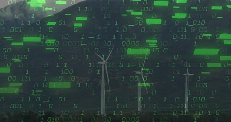 Poster - Binary streams starting drifting over wind turbines, green bars rising, hiding blades for data view