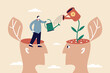 © RABBI - Self improvement, personal development or growth mindset, motivation to grow and achieve career success, learning new skill or knowledge concept, businessman watering plant growing from his self head.