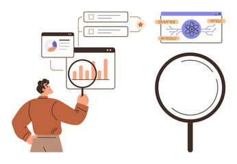 Poster - Man analyzing charts, graphs, and data with magnifying glass, focusing on research, analytics, growth, and decision-making. Ideal for data visualization, business strategy market research