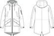 © Vector Sifat - Unisex hooded parka coat flat sketch, technical fashion drawing, outerwear jacket template with zipper, pockets, drawstring, vector apparel illustration