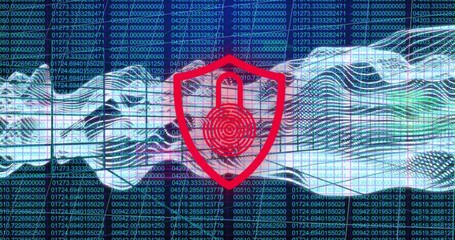 Poster - Animated grid sparking shield glowing green switching red while waves streaming showing security
