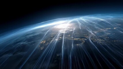 Poster - Light beams radiating across planetary surface, spreading luminous energy symbolizing intricate global communication networks and digital world connectivity from high altitude cosmic