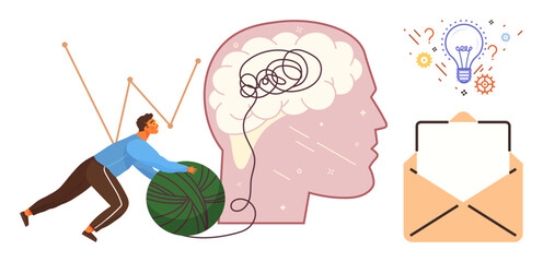 Poster - Person unwinding tangled thread in brain silhouette, light bulb, and mail envelop. Ideal for problem-solving, mental clarity, creativity, brainstorming, communication, productivity simple flat