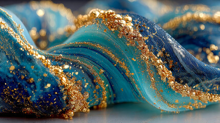 Poster - Photorealistic depiction of blue silk waves adorned with scattered golden spheres and shimmering gold accents, evoking a luxurious and elegant texture