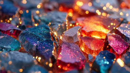 Poster - Abstract broken glass mosaic with vibrant colors and glowing fragments, creating a shimmering, multicolored surface