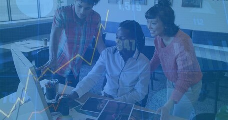 Poster - Leaning team clicking and pointing screen in tech meeting, revealing animated line chart overlays