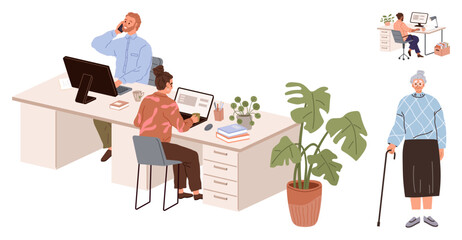 Poster - Colleagues collaborating at office desks with computers, nearby elderly woman standing with cane and small remote working setup. Ideal for teamwork, caregiving, remote work, balance, support