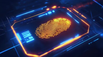 Poster - Digitized fingerprint on a blue and orange glowing circuit board symbolizing security and technology. Focus on biometric data processing and digital identity.