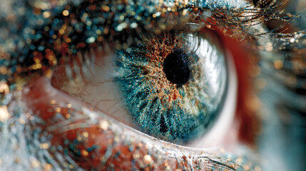 Poster - Close-up of a human eye with digital code reflections and glitter particles, symbolizing cybersecurity and data protection