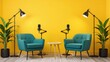 © shahida  - Vibrant yellow podcast studio setup with teal armchairs microphones floor lamps and lush green plants
