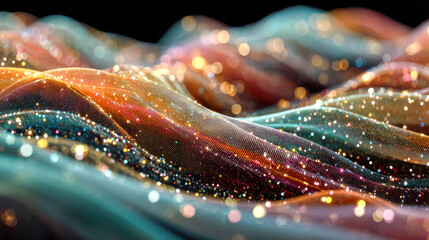 Poster - A close-up of shimmering, multicolored fabric waves covered in sparkling glitter, creating a dynamic and abstract pattern with vibrant lighting and intricate texture details