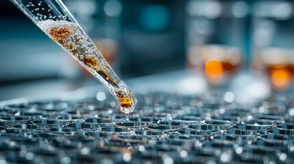 Poster - A detailed pipette filled with bubbling amber fluid prepares to dispense a droplet onto a lab surface, symbolizing chemical or pharmaceutical development