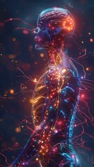 Poster - Digital artwork of a human figure with a network of glowing lights and particles representing the human body and brain in a dark background.