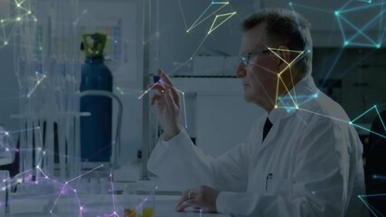 Poster - On network appearance, male scientist tracing holographic nodes with fingertip in lab for analysis