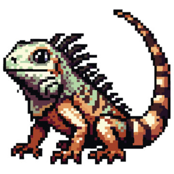 Pixelated iguana illustration with detailed scales, stripes, and a curled tail, set against a white background.
