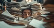 © Moritz - Stressed man buried under huge pile of documents and paperwork in office chaos