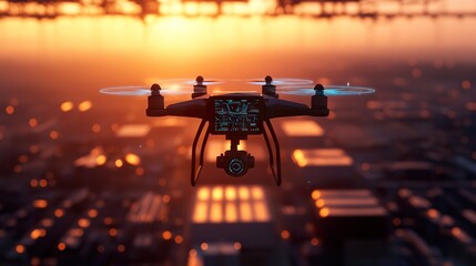 Aufkleber - AI-powered drone scanning a vast industrial area with holographic data overlays, aerial view, sensors emitting blue beams mapping terrain,