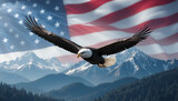 An eagle soars freely against a backdrop of American flag waving, inspiring national pride and patriotic spirit among snow-capped mountains.