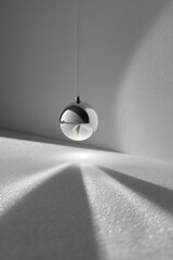Poster - Silver christmas ball hanging in a white room with dramatic lighting