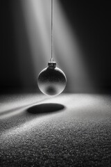 Poster - Silver christmas ball hanging under spotlight on glitter background