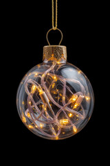 Poster - Glass christmas ball ornament hanging with string lights inside on black background