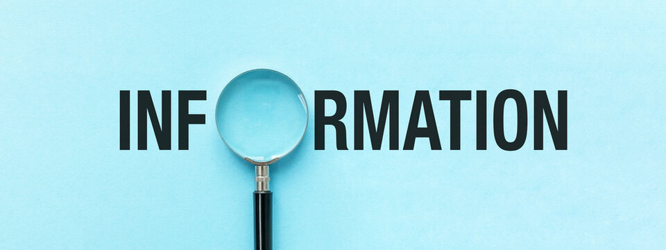 A magnifying glass is on a blue background with the word Information written bel