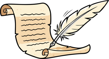 Cartoon Scroll and Feather Pen Depicting Writing and Communication.