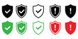 © MdNurul - Graphic illustration of safety shield symbols with check mark and exclamation icons representing security and protection