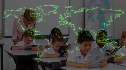 Poster - Lesson starting with map overlay pulsing in classroom as teacher guiding students tapping tablets