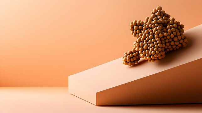 A tan, 3D-rendered, abstract cluster of small spheres, suggestive of a molecule or organic structure, positioned on a peach-colored angled platform