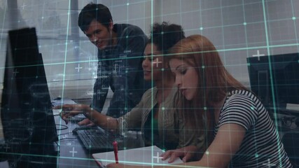 Poster - Tech mentor arriving behind women pointing screen, causing typing and taking notes with arrows