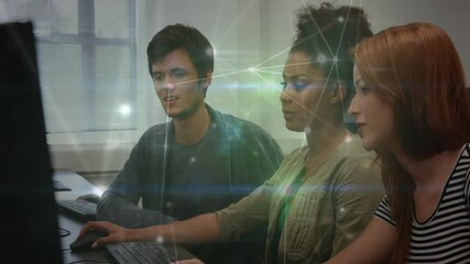 Poster - curly-haired woman typing and man clicking mouse, network overlay pulsing for digital collaboration