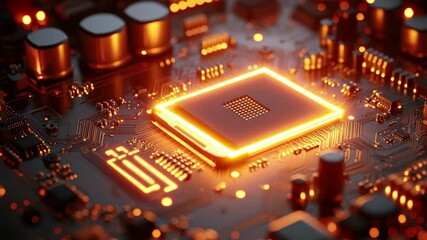 Poster - Microchip on circuit board illuminated by orange lights at night in a technology lab setting
