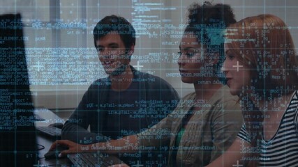 Poster - Man touching keyboard initiating woman typing code with animated code overlay guiding software team