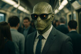 Photorealistic illustration of Reptilian in Business Suit on Subway Commute