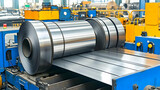Metal coils and sheets moving through automated industrial machinery in a factory. Several coils of polished metal are being processed on a production line. The equipment is blue and yellow