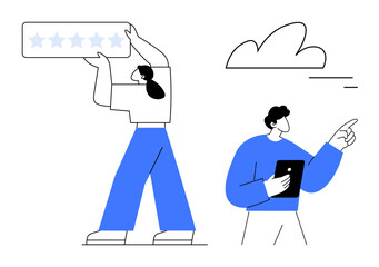 Poster - Person holding a five-star rating panel, another holding a tablet gesturing thoughtfully. Ideal for teamwork, feedback, evaluation, collaboration, decision-making, brainstorming, simple landing page