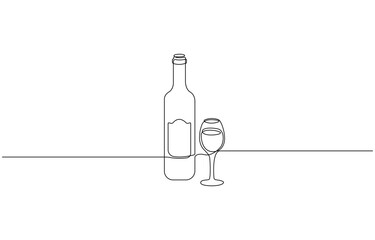 Poster - Wine bottle and wine glass drawing with one continuous line, Continuous line one drawing of wine bottle with wineglass, Drink Concept Continuous One Line Illustration.