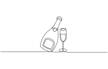 Poster - Wine bottle and wine glass drawing with one continuous line, Continuous line one drawing of wine bottle with wineglass, Drink Concept Continuous One Line Illustration.