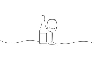 Poster - Wine bottle and wine glass drawing with one continuous line, Continuous line one drawing of wine bottle with wineglass, Drink Concept Continuous One Line Illustration.