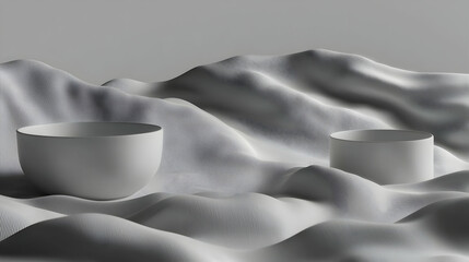 Wall Mural - Two simple white bowls sit on a draped, textured surface. Soft, flowing folds of fabric create a gentle landscape