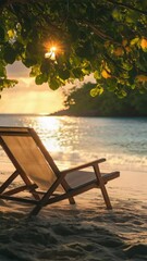 Wall Mural - A solitary beach chair sits in the shade of a palm tree on a sandy beach