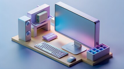 Leinwandbilder - Modern isometric computer setup with monitor keyboard mouse speakers and desk accessories isolated on white background isolated on transparent background