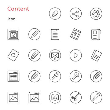A collection of outline style icons representing various content related symbols in a grid format layout