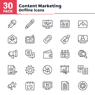 A collection of thirty content marketing outline icons featuring various business and marketing symbols