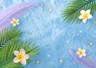 Poster - A soft blue fur background is decorated with purple feathers, white plumeria flowers, green palm leaves, and golden star confetti creating a dreamy scene